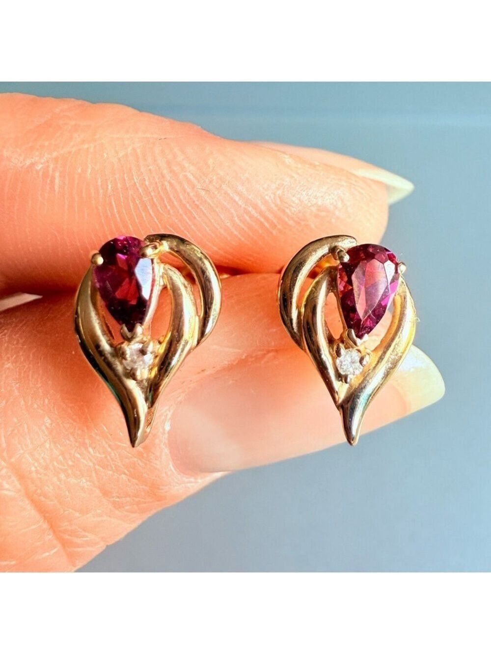 14k Yellow Gold Raspberry Pink Garnet Rhodolite & Diamond Stud Earrings …